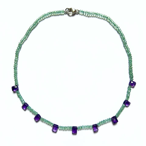 Faceted green quartz (prasiolite) and rectangular amethyst bead necklace.