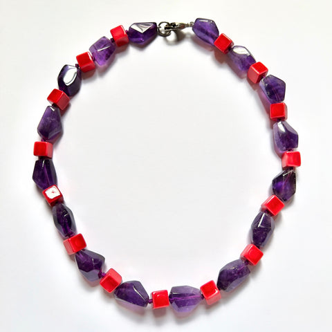 Amethyst and Vintage Red Cube Bead Necklace